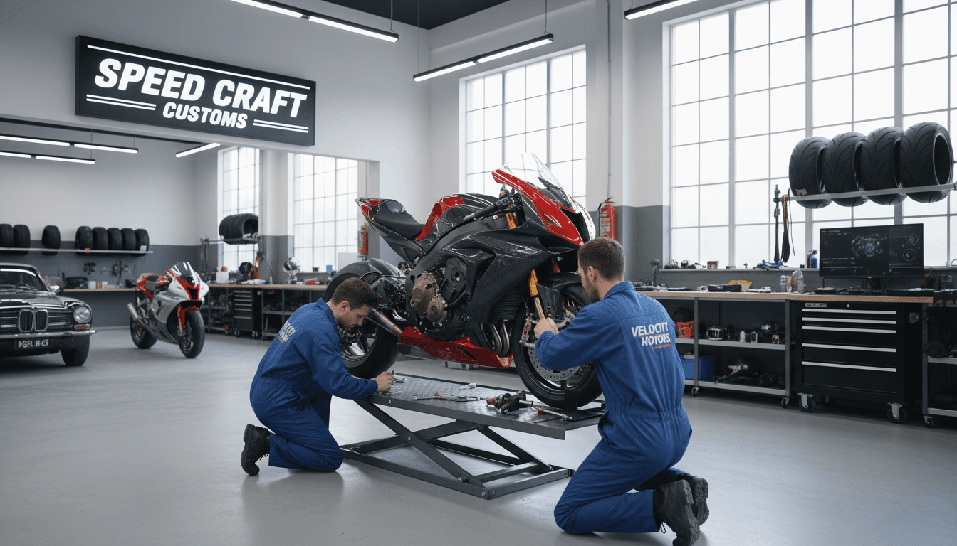 Mechanic performing maintenance on a KTM motorcycle in a professional workshop