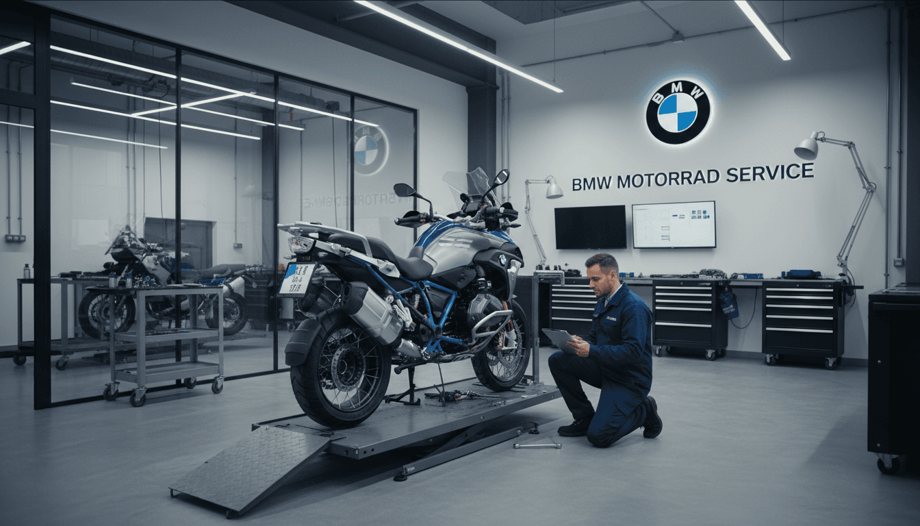 Technician inspecting a BMW motorcycle in a modern, well-lit workshop