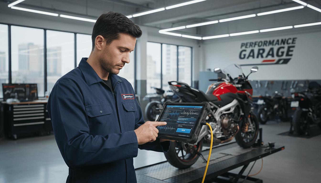Technician running digital diagnostics on a motorcycle in a modern workshop