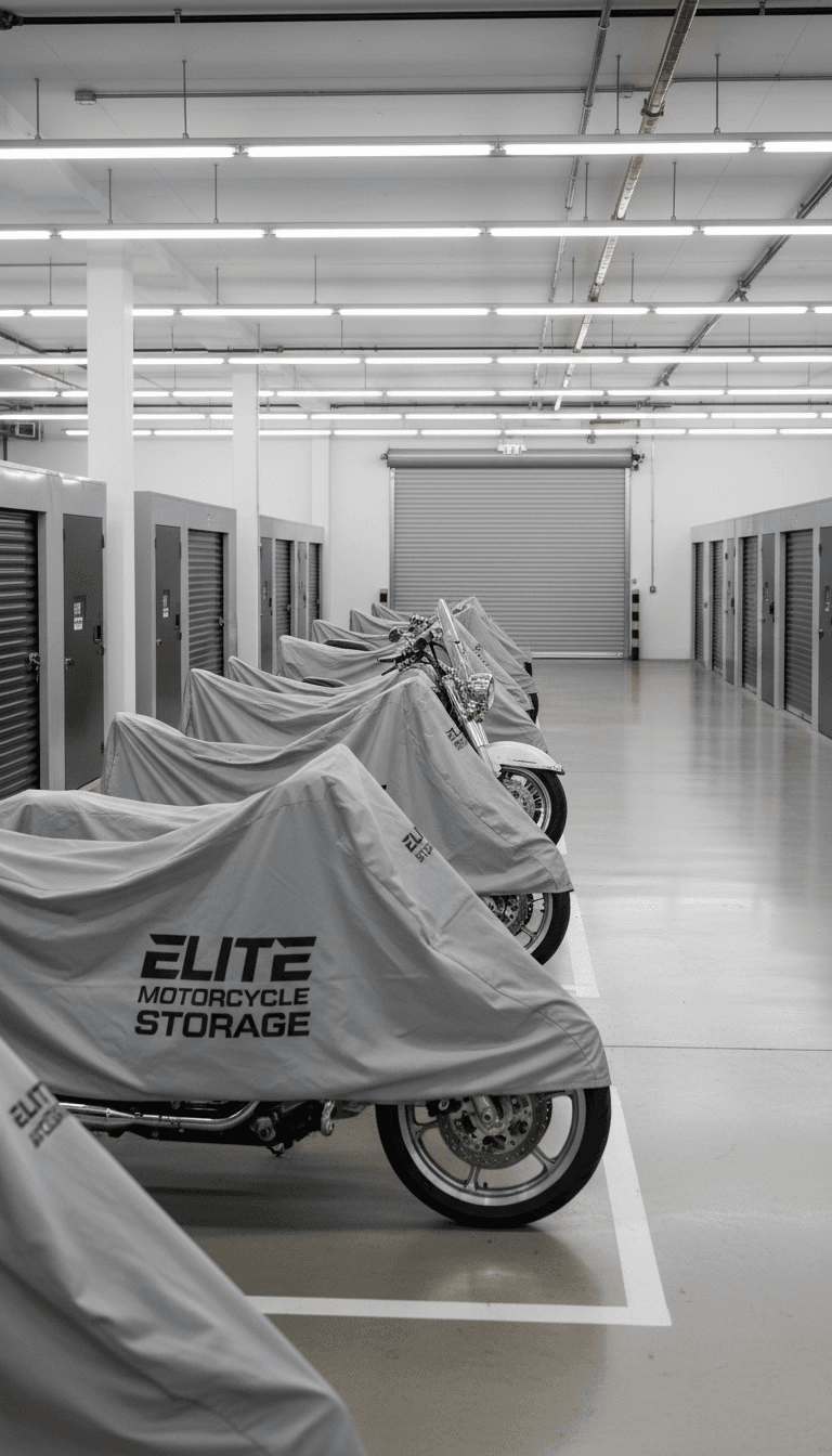 Motorcycles parked in climate-controlled storage