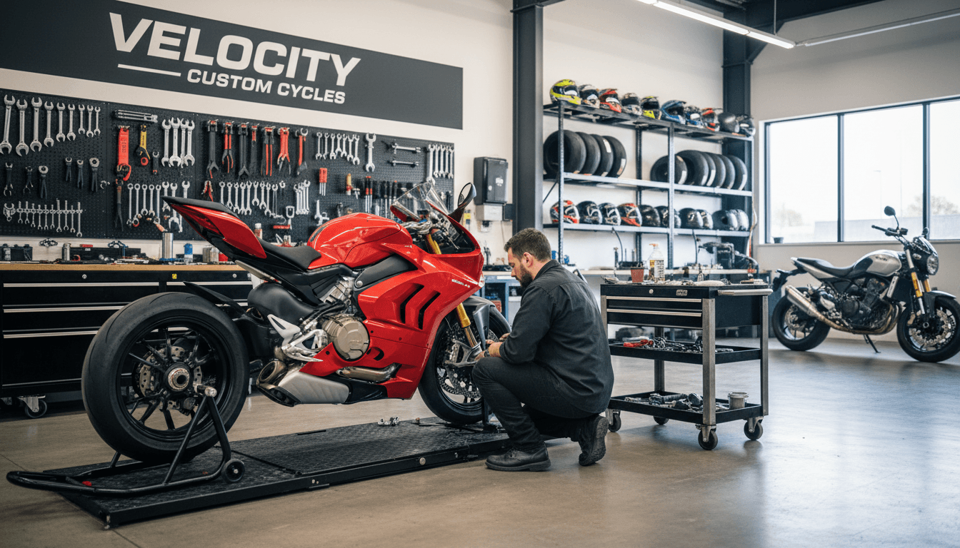Expert technician servicing a KTM motorcycle in a professional workshop in Dubai