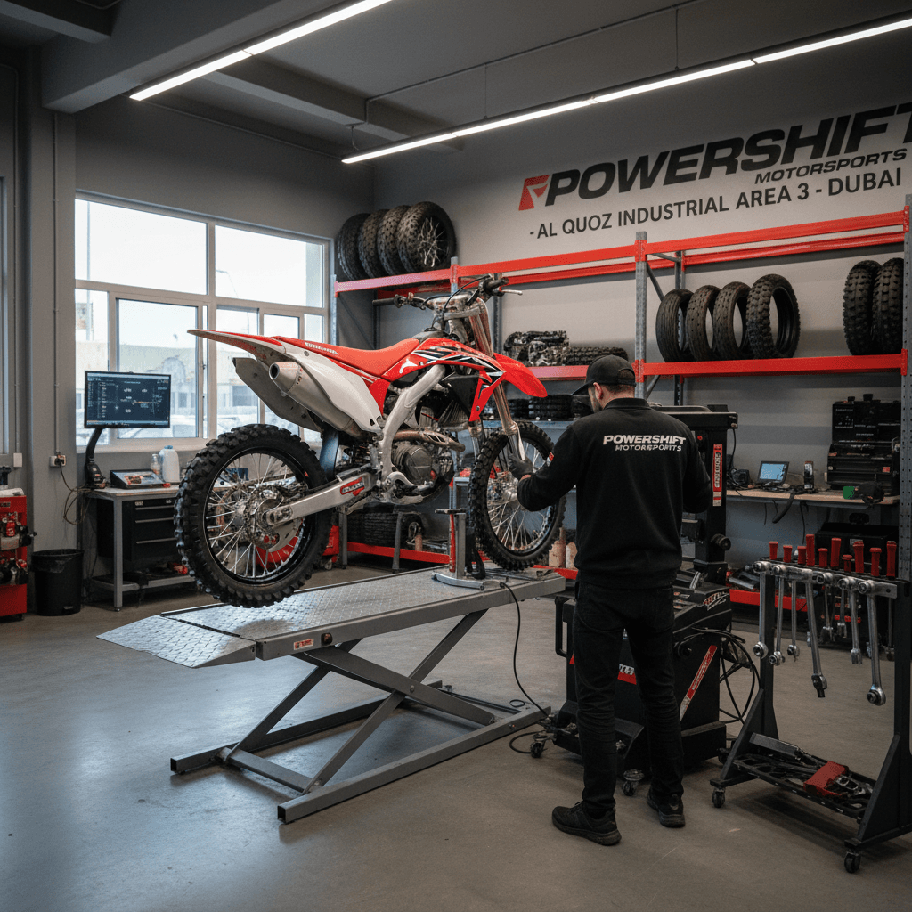 motorcycle being polished and detailed in professional workshop