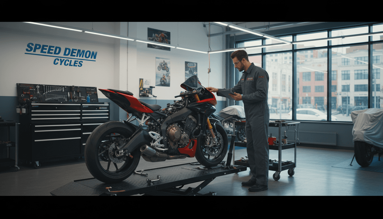 Mechanic in a workshop inspecting a modern sport motorcycle