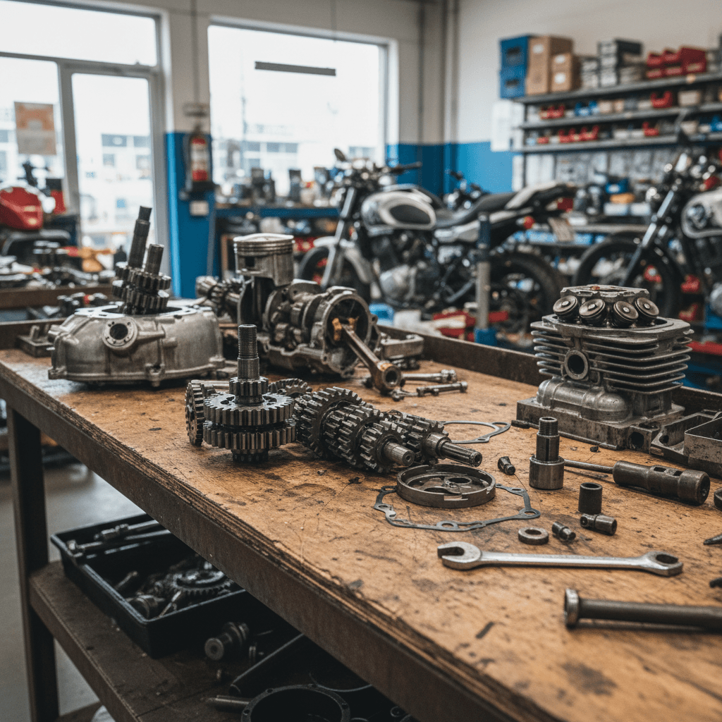 motorcycle transmission gears and engine parts on workbench in repair shop