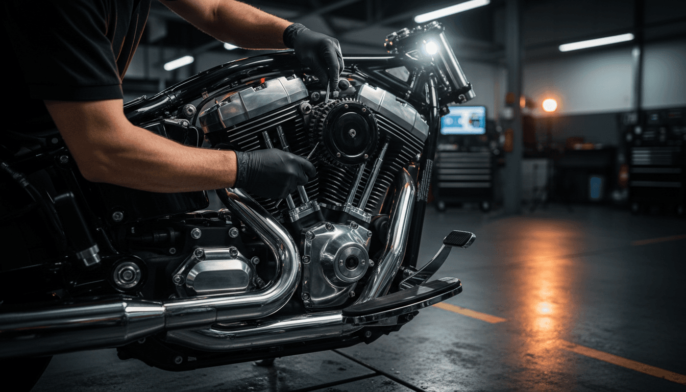Powershift Motorsports technician performing precision engine diagnostics on a motorcycle