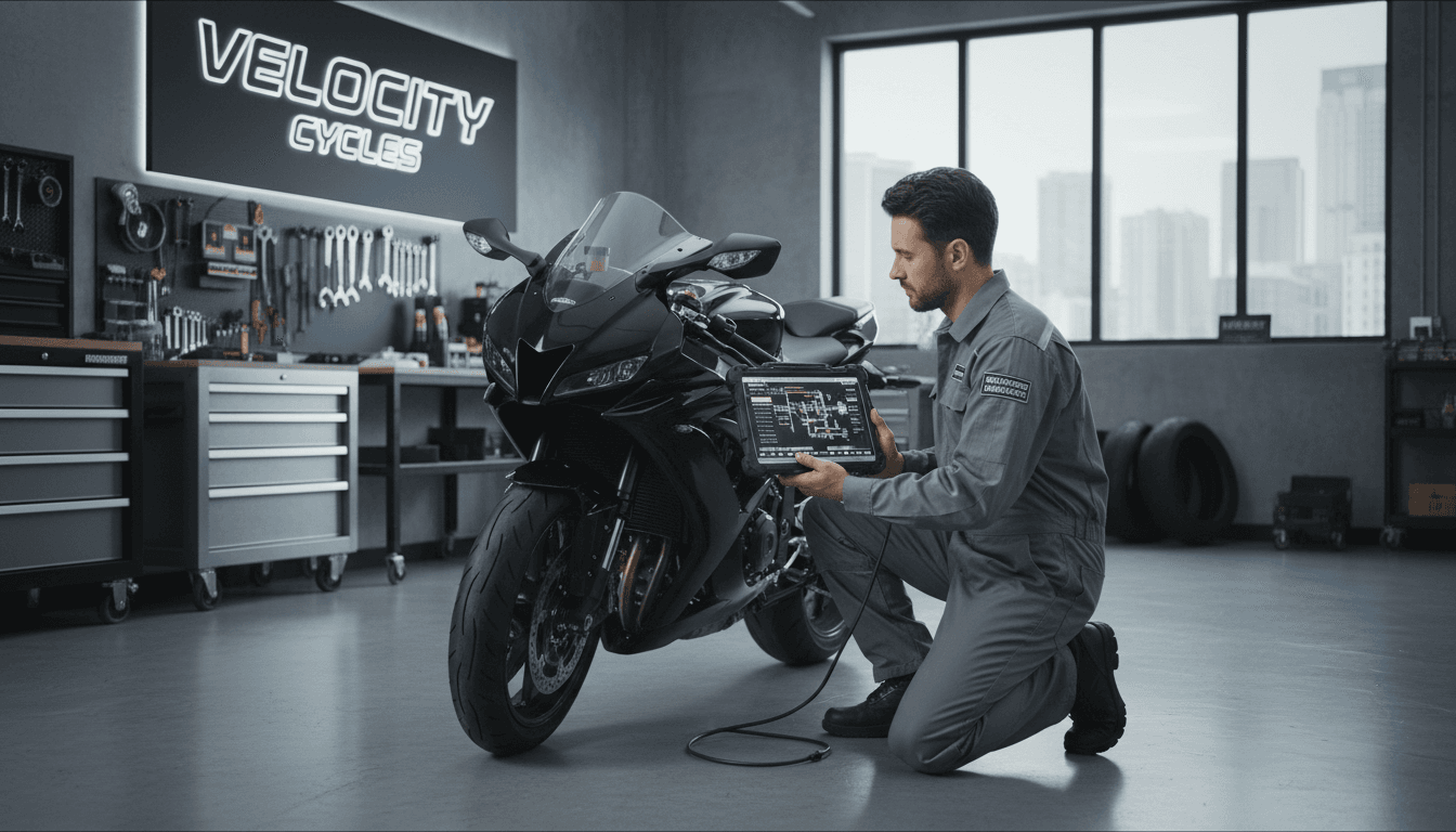 Technician running digital diagnostics on a motorcycle in a modern workshop