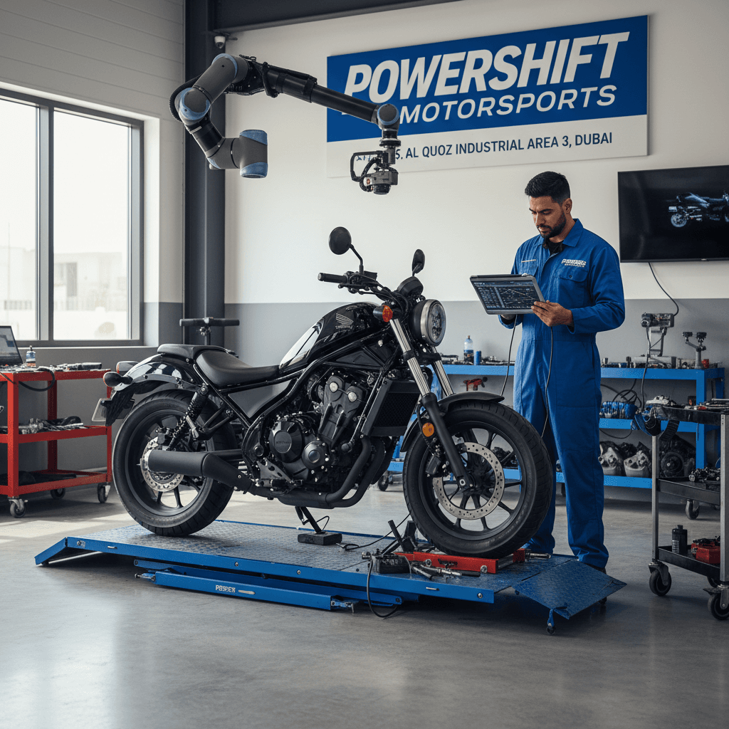 Honda Rebel motorcycle on a service bay with a technician using digital diagnostics in a modern workshop.