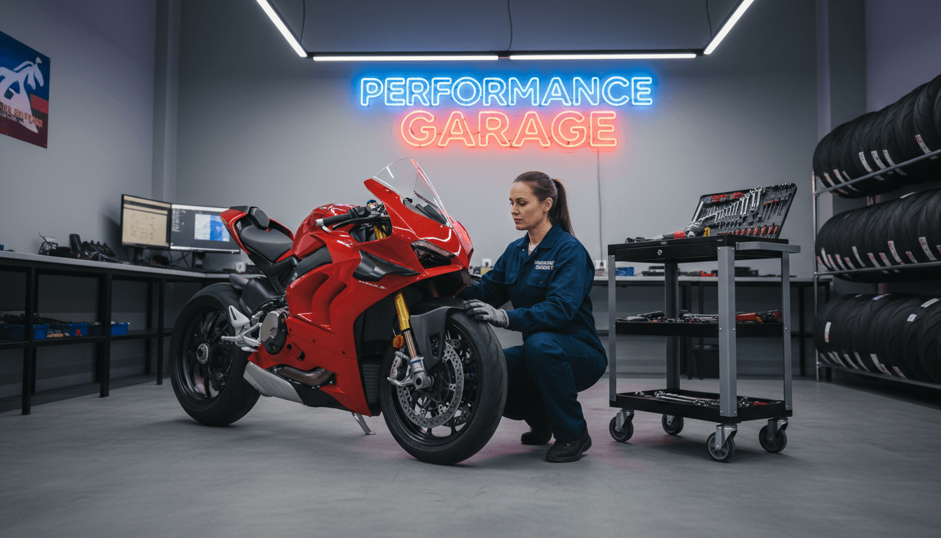 Technician performing precision work on a sport motorcycle at Powershift Motorsports workshop in Dubai