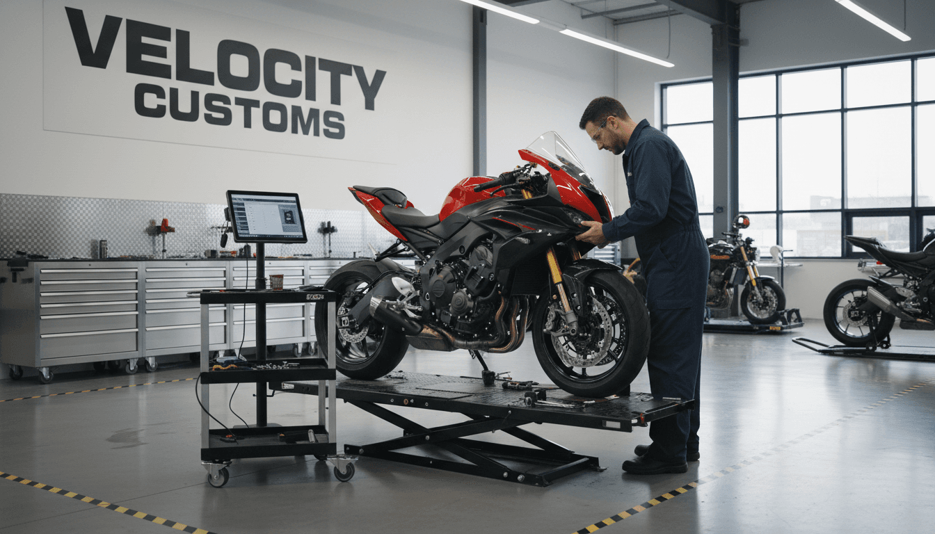 Technician servicing a Yamaha sport motorcycle in a modern workshop