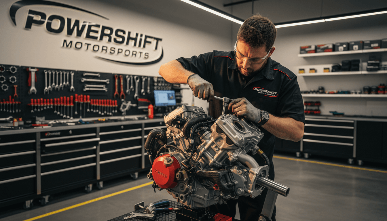 Technician in a premium workshop working carefully on a Ducati engine with warm lighting.