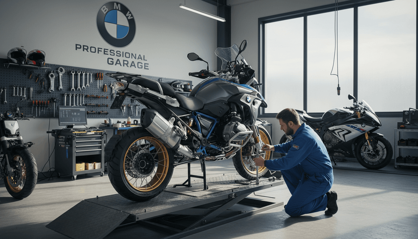 BMW motorcycle being serviced in a professional garage