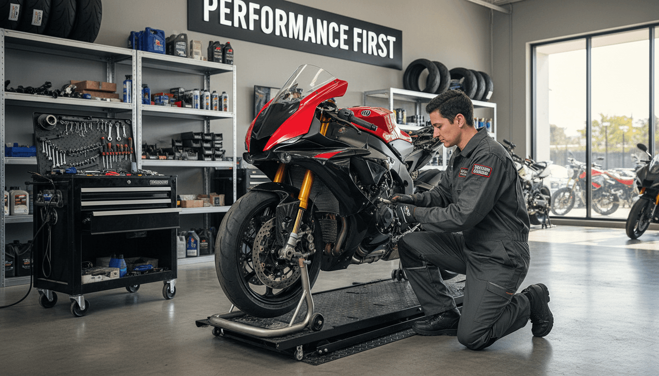 Mechanic servicing a sport motorcycle in a professional workshop