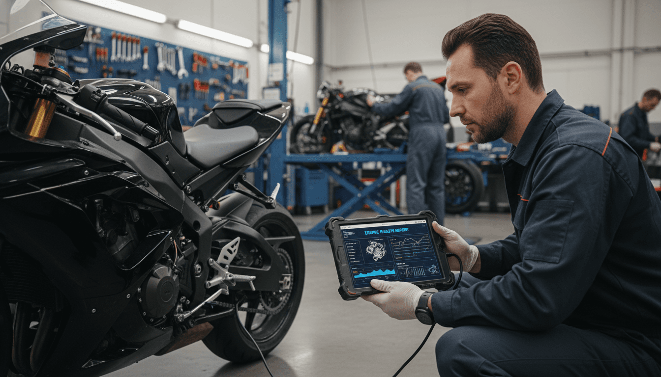 Kawasaki motorcycle connected to digital diagnostic equipment in a professional workshop