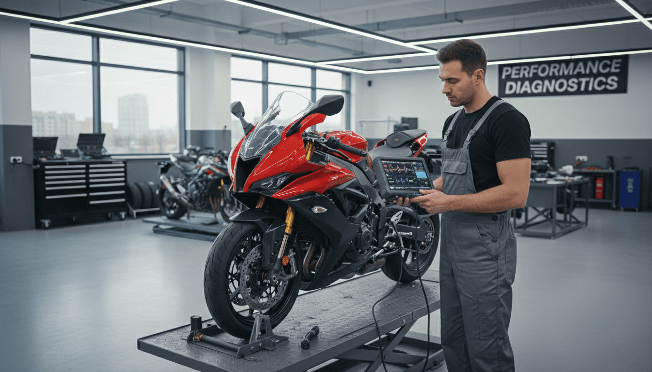 Technician running a digital diagnostic on a BMW motorcycle in a clean, modern workshop