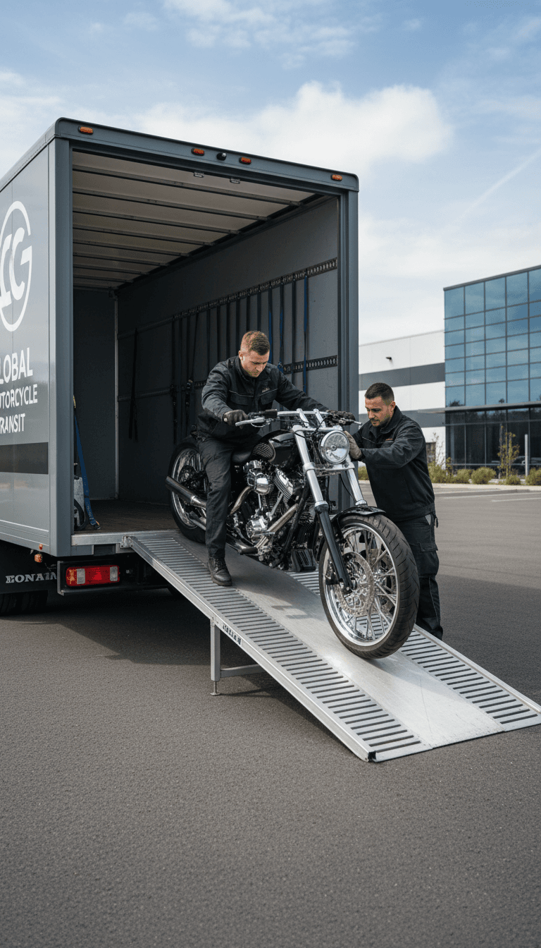Kawasaki motorcycle loaded onto secure transport van