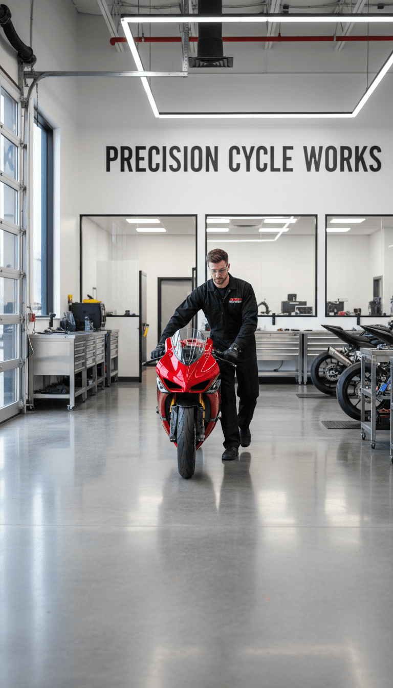 Technician wheeling motorcycle into the workshop