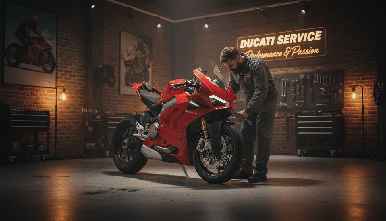 Ducati motorcycle in a dark, premium workshop with warm lighting