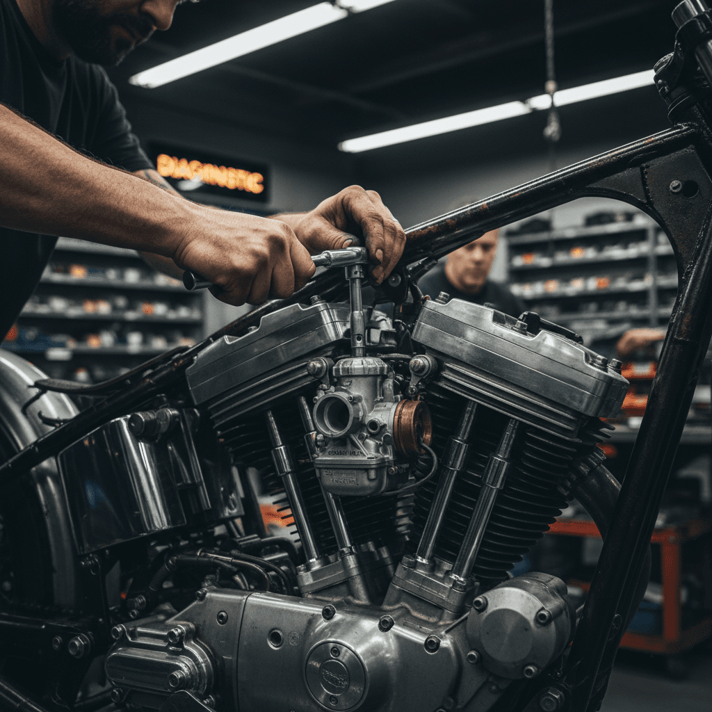 Professional motorcycle mechanic in a dark Al Quoz workshop, mid-shot, standing beside a red Ducati Panigale V4R superbike, a Ducati Multistrada adventure tourer, and a Ducati Scrambler, tools and Desmo engine parts on the bench, cinematic workshop lighting, documentary photo