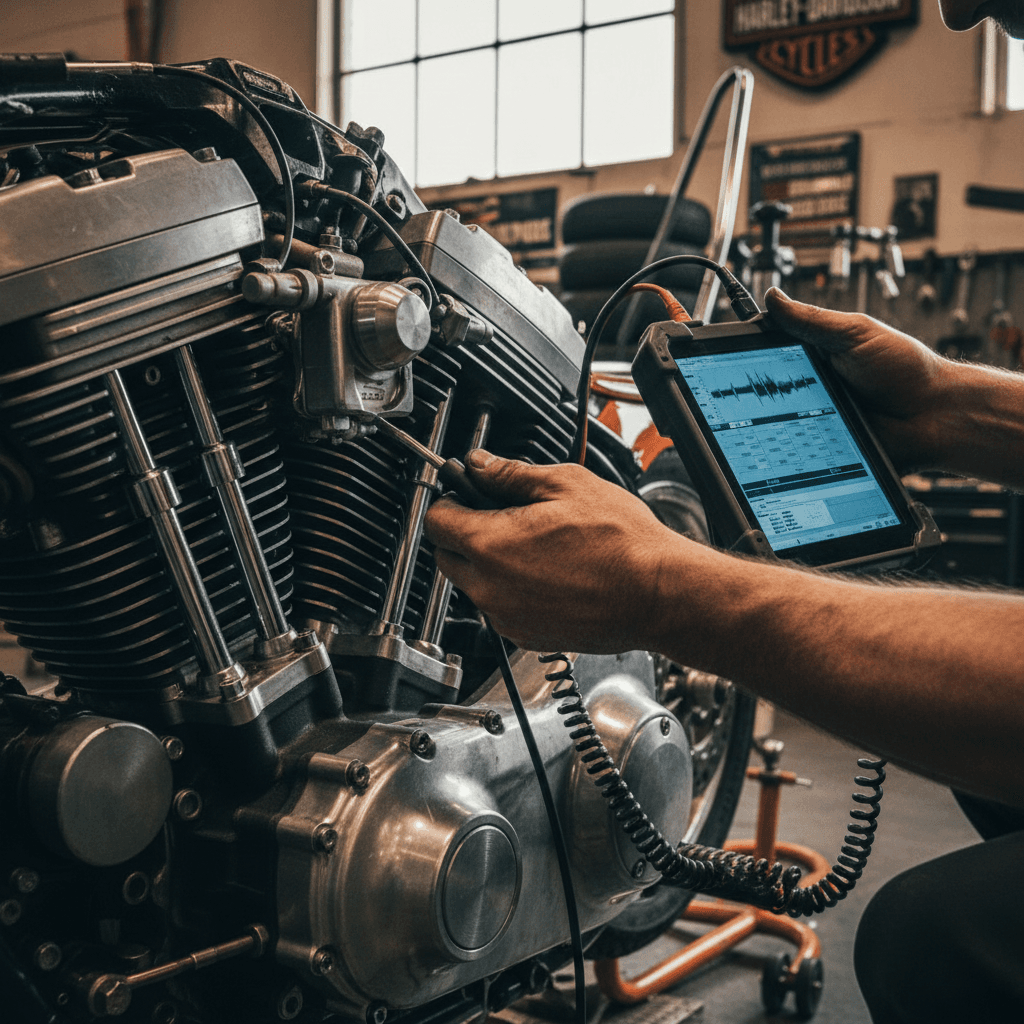 Motorcycle technician performing detailed mechanical work on a Ducati engine at Powershift Motorsports