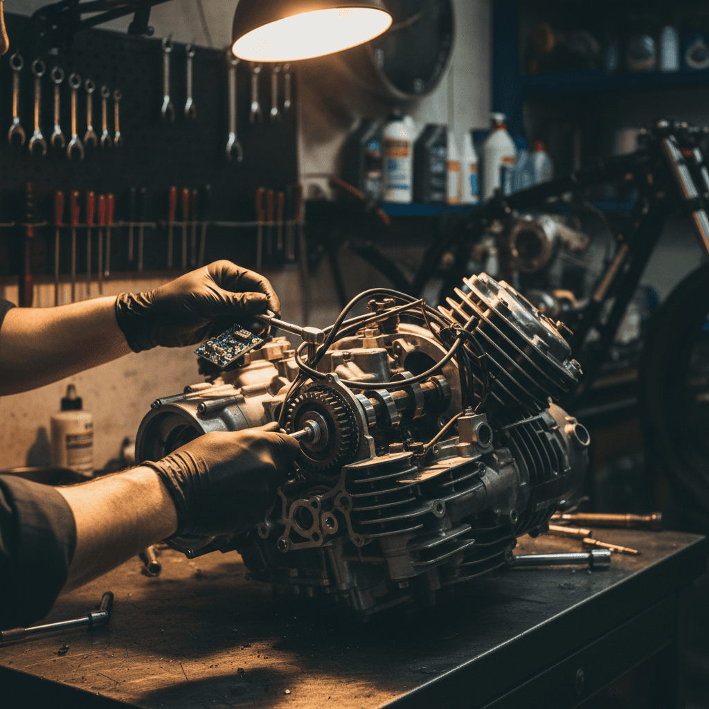 Elite motorcycle technician inspecting a premium Ducati in a professional workshop with advanced diagnostic equipment
