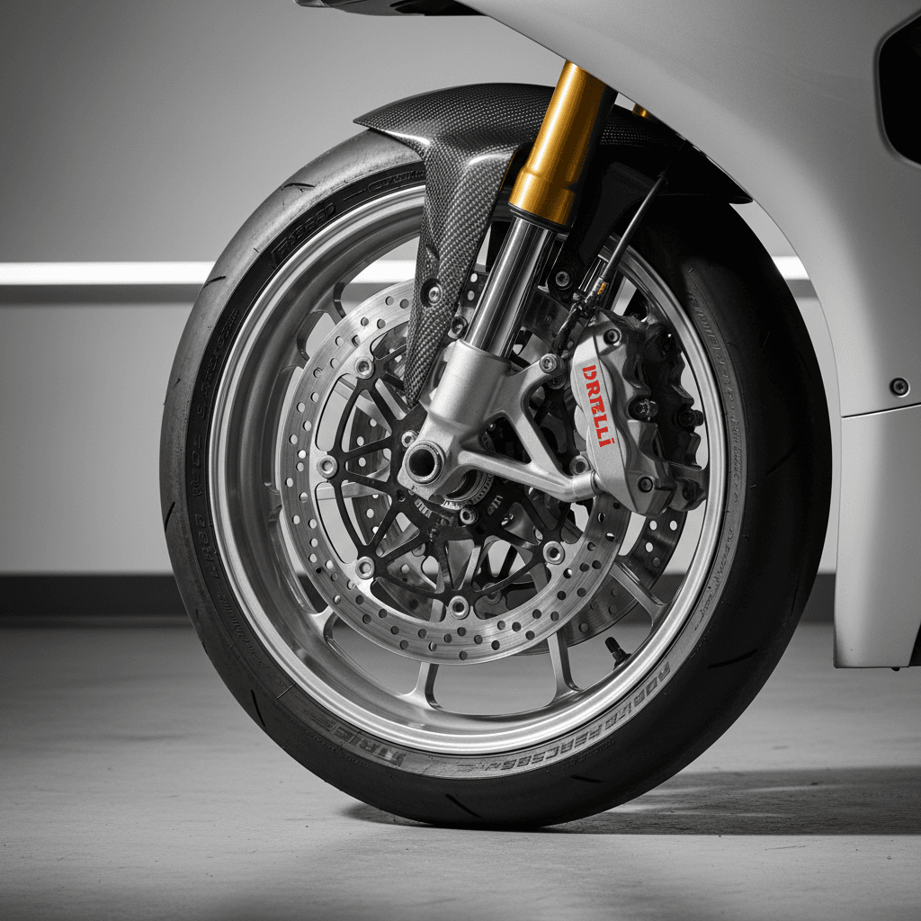 Yamaha YZF-R1M superbike in carbon-fiber bodywork and factory blue, three-quarter studio shot against a dark concrete floor