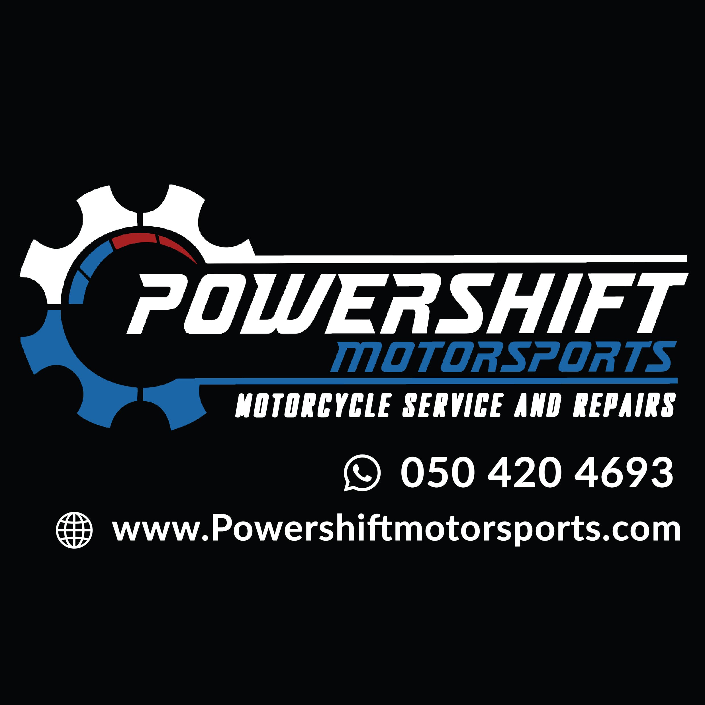 Powershift Motorsports logo with a gear icon, motorcycle repair text, phone number, and website.