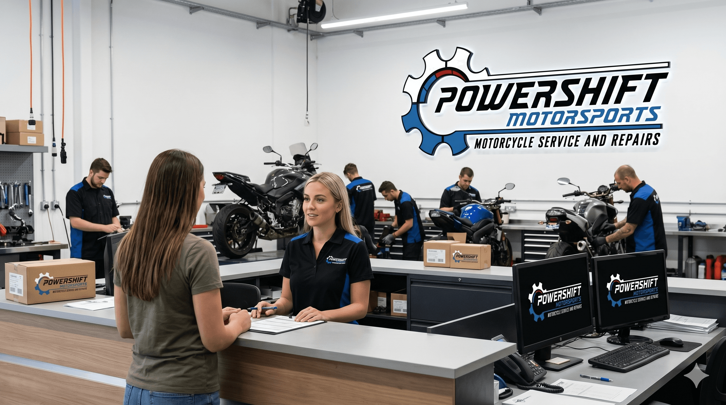 Customer at a service counter in Powershift Motorsports with mechanics repairing motorcycles in background.